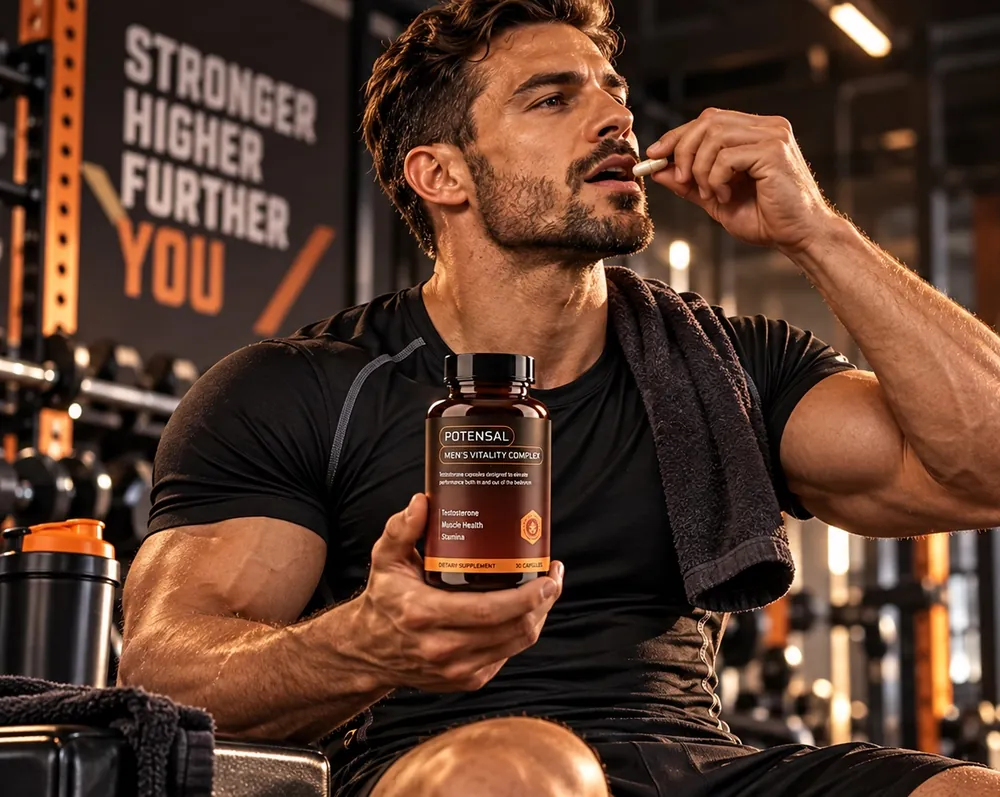 Homme en salle de sport prenant une gélule de Potensal